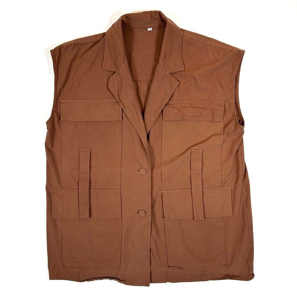 Womens Brown Cotton Utility‎ Cargo Vest Sleeveless Notched Lapel Jacket Medium